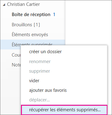 Chemin de menu pour accéder à la boîte de dialogue Récupérer les éléments supprimés dans Outlook Web App