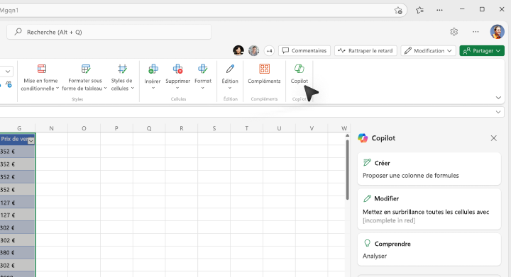 Capture d’écran de l’emplacement où sélectionner le bouton Copilot dans le ruban Excel.