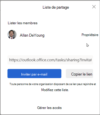 Vous pouvez choisir d’inviter par e-mail ou copier le lien pour partager la liste avec d’autres personnes.