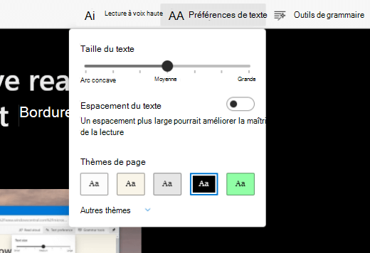 Affichage lecteur immersif activé sur Microsoft Edge affichant les menus d’affichage.