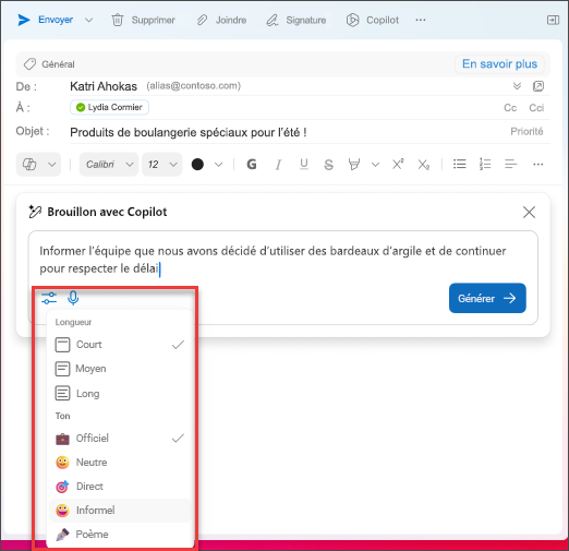 Options de longueur et de tonalité à choisir lors de la rédaction d'e-mails dans Outlook avec Copilot