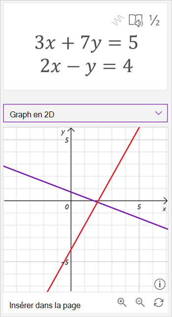 Capture d’écran du graphique généré par l’Assistant mathématique montrant les équations 3 x plus 7 y est égal à 5 et 2 x moins y est égal à 4. le graphique montre deux lignes qui se croisent, une violette et une rouge.