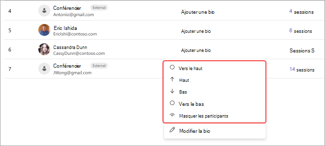 Capture d’écran d’une réunion Teams montrant la liste des participants et les options permettant d’ajuster leurs positions : haut, bas, bas ou masquer.