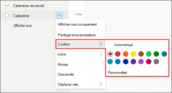 Sélection de la couleur du calendrier Web Outlook