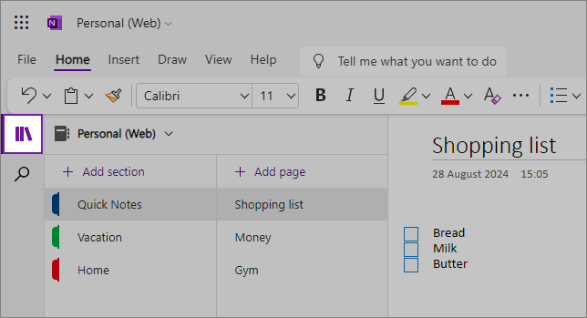 Affichage de l’interface utilisateur web OneNote montrant la zone de contenu