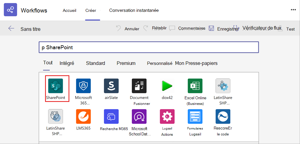 Capture d’écran de la sélection de l’application sharepoint