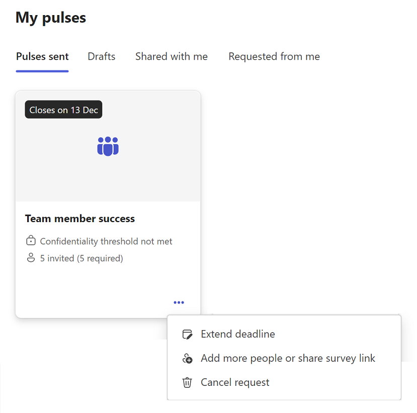 Capture d’écran de la liste déroulante avec les actions que vous pouvez effectuer sur un Pulse ouvert