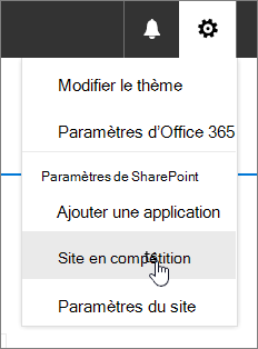 Paramètres menu avec Contenu du site mis en évidence