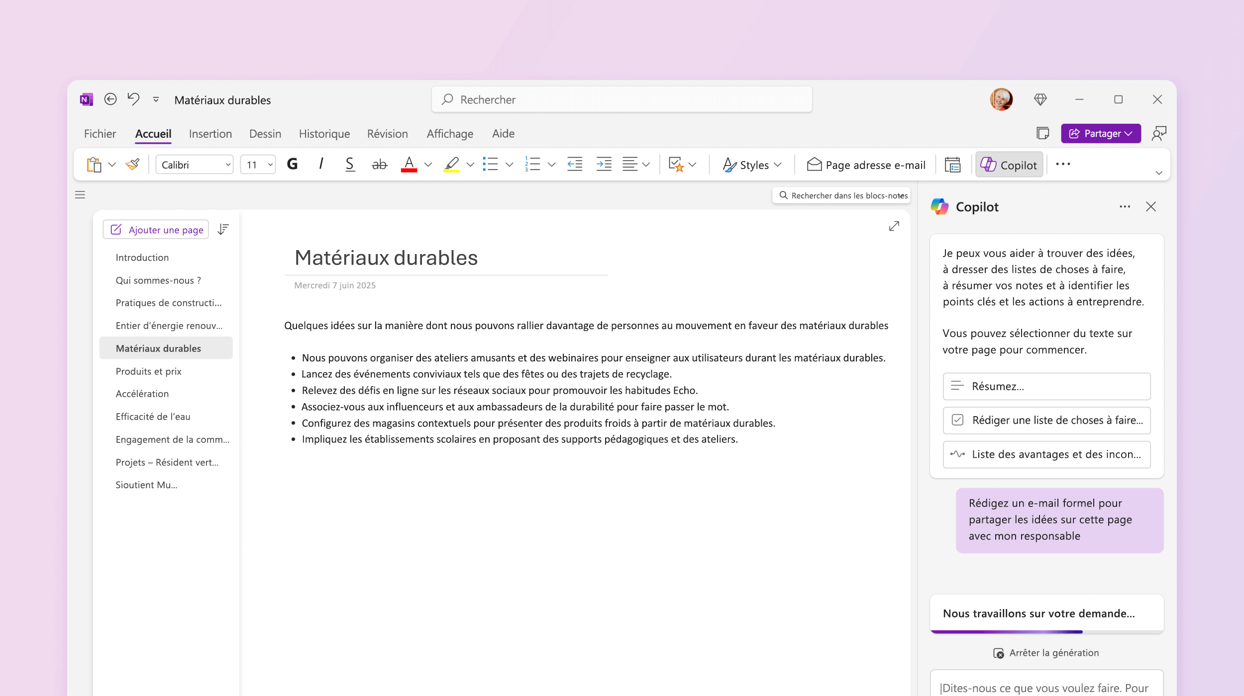 Capture d’écran montrant Copilot dans OneNote rédigeant un plan.