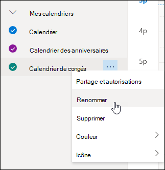 Capture d’écran du menu contextuel du calendrier avec l’option Renommer sélectionnée