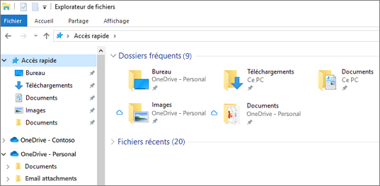 Explorateur de fichiers dans Windows 10 avec les dossiers Bureau, Documents et Images dans OneDrive