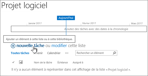 Chronologie des tâches, cliquer sur Nouveau + pour ajouter des tâches