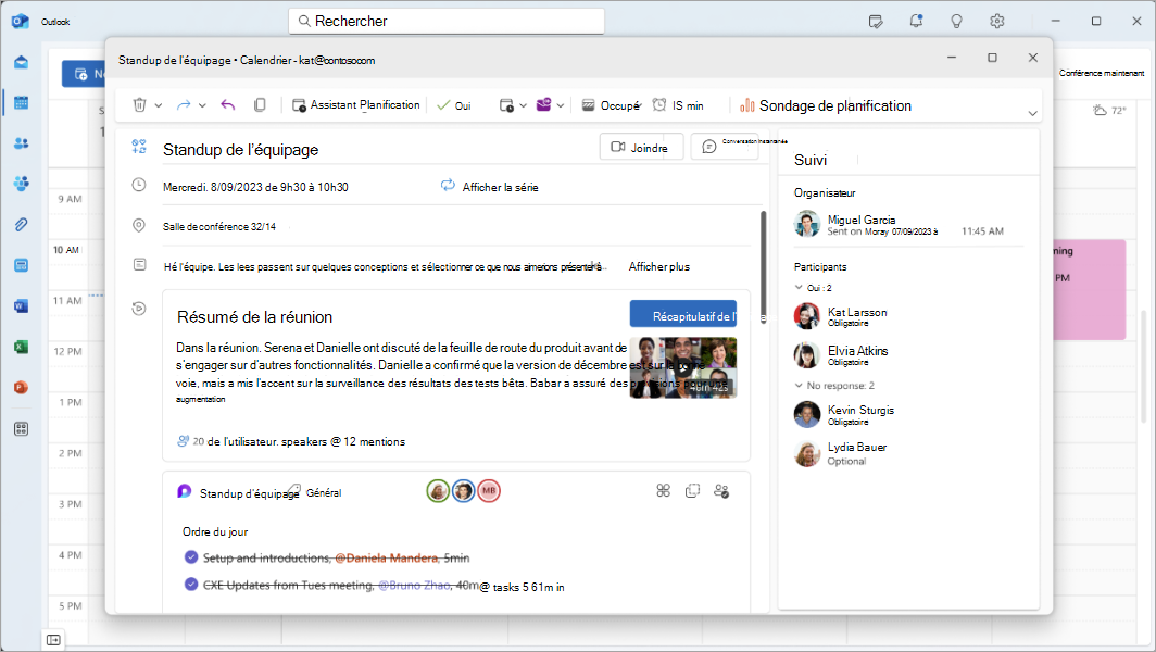 Capture d’écran montrant un récapitulatif de réunion Teams dans Outlook.