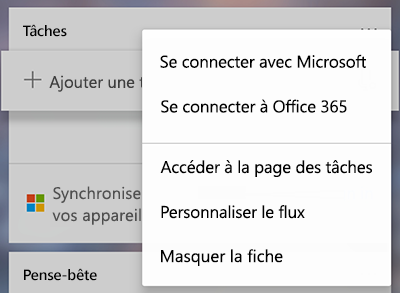 Capture d’écran montrant l’option de connexion avec Microsoft ou Office 365 dans le menu plus de la carte tâches