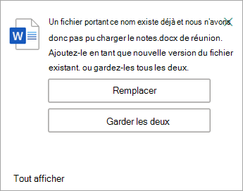 Vous avez la possibilité de remplacer ou de conserver les deux copies du fichier que vous chargez.