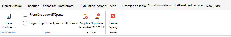 Options d’en-tête et de pied de page dans le ruban