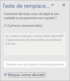 Volet Texte de alt avec l’option Marquer comme décoratif sélectionnée dans Word Windows.