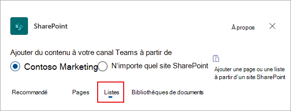 Sélectionnez Listes pour ajouter des listes à votre canal Teams.