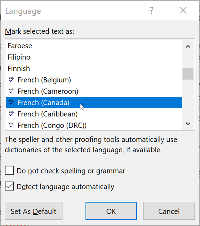Capture d’écran de Word. Les listes popup répertorient les langues qui peuvent être sélectionnées. « Détecter automatiquement la langue » est coché. 