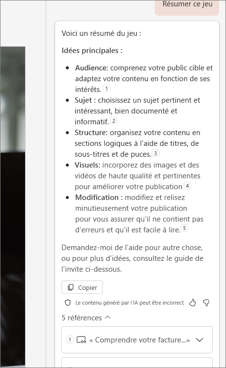 Capture d'écran de la fonction « résumer ce pont » avec des citations