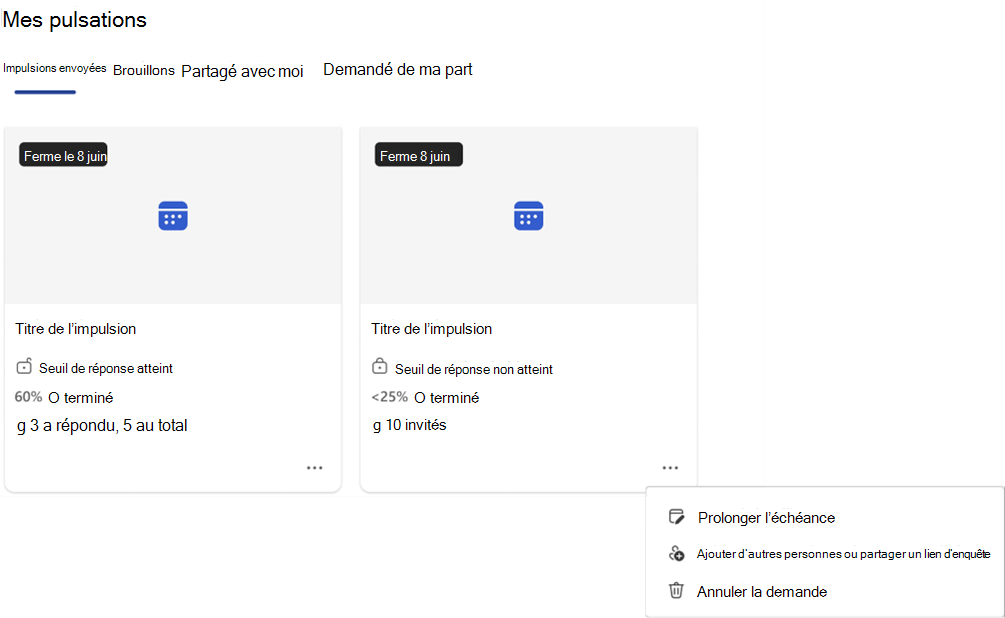 Capture d’écran de la liste déroulante avec les actions que vous pouvez effectuer sur un Pulse ouvert