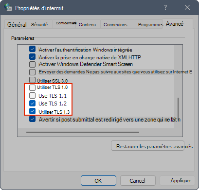 Capture d’écran montrant les paramètres TLS dans les propriétés Internet