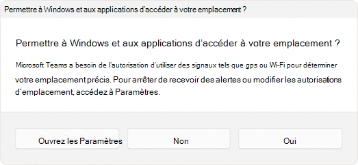 Capture d’écran de l’invite demandant à l’utilisateur d’autoriser une application à accéder à l’emplacement.