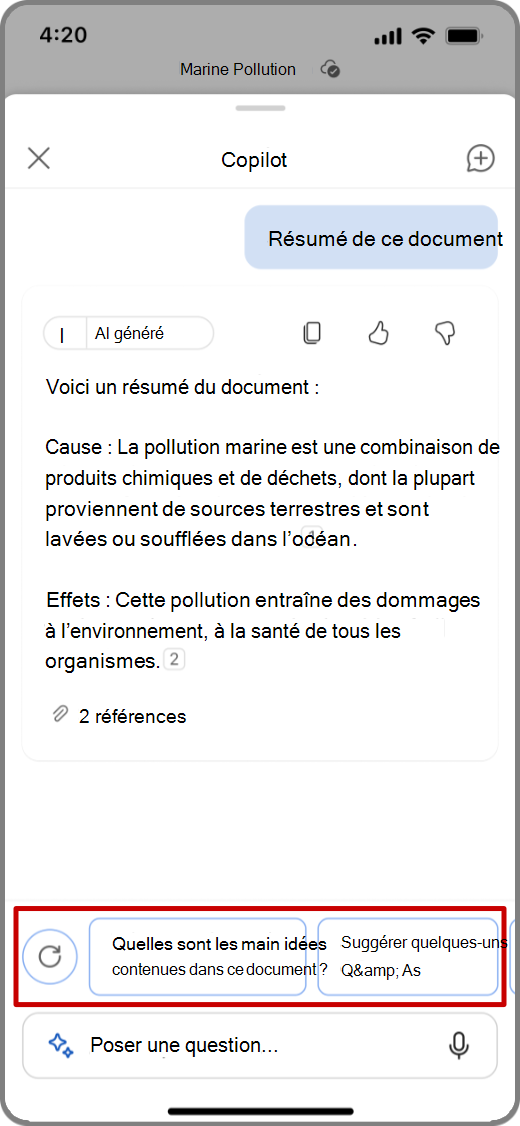 Capture d’écran de Copilot dans Word sur un appareil iOS avec le résultat du résumé et les questions suggérées en surbrillance