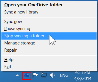 Commande Arrêter la synchronisation d’un dossier dans le menu OneDrive Entreprise