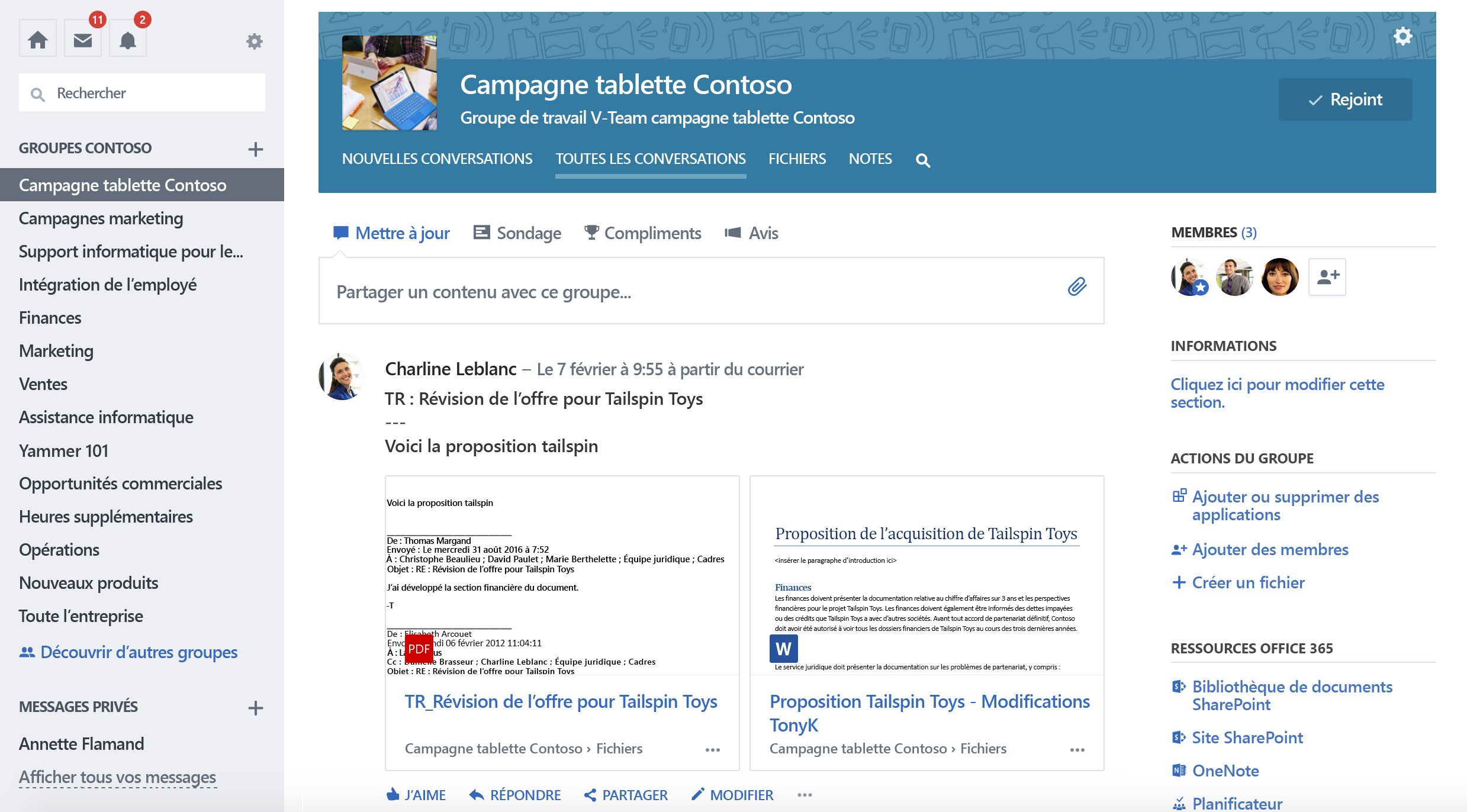 Capture d’écran des conversations de groupe Yammer connectées à Office 365