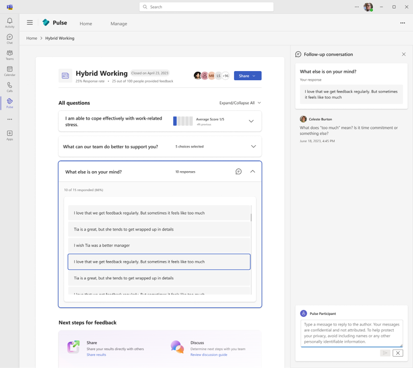 Image montrant comment les participants Pulse peuvent répondre aux conversations dans les rapports Pulse