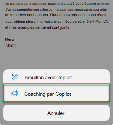 Option de menu pour le coaching de Copilot dans Outlook pour mobile