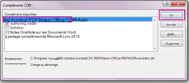 Activez la case à cocher pour le complément COM de Acrobat PDFMaker Office, puis cliquez sur OK.