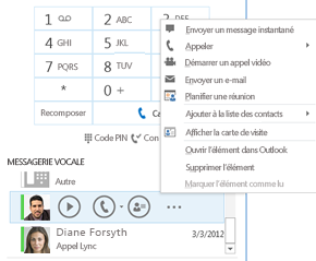 Capture d’écran de la consultation de la messagerie vocale dans Lync