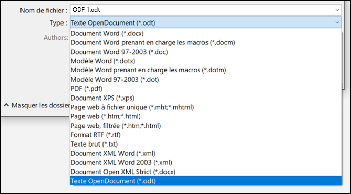 Liste des formats de fichier de Word avec le format de fichier ODT mis en évidence