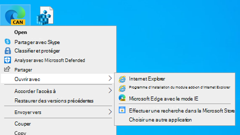 Lorsque vous cliquez avec le bouton droit sur une icône de fichier VSDX, le menu inclut une option d’ouverture de fichier pour « Microsoft Edge avec le mode Internet Explorer ».