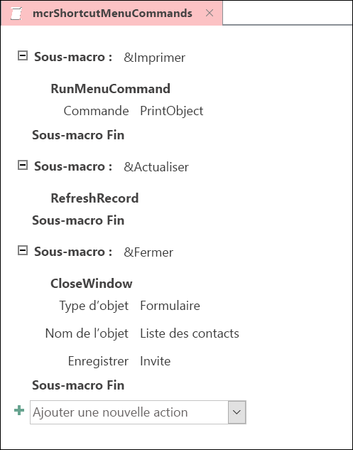 Capture d’écran de la fenêtre de conception de macro Access avec trois sous-instructions.