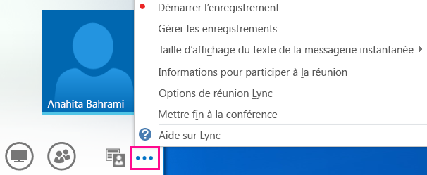 Capture d’écran des autres options relatives à une réunion Lync
