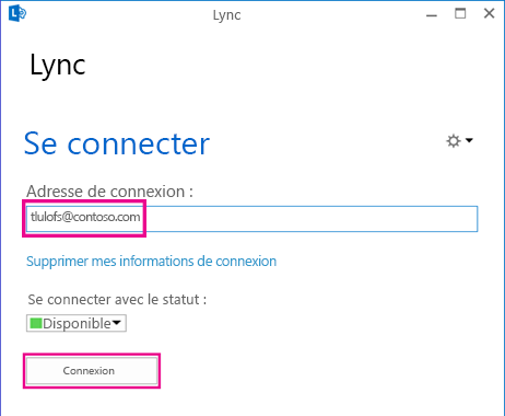 Section de la fenêtre de connexion de Lync avec informations de connexion à supprimer en surbrillance
