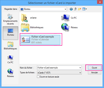 Choisissez le fichier vCard que vous voulez importer au format .csv.