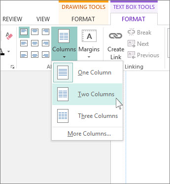 Capture d’écran des Outils de zone de texte, colonnes dans Publisher