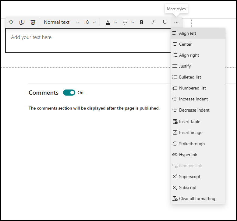 capture d’écran du composant WebPart texte avec l’option du volet de propriétés mise en évidence