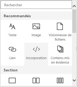 Capture d’écran du menu Incorporer le code dans SharePoint.