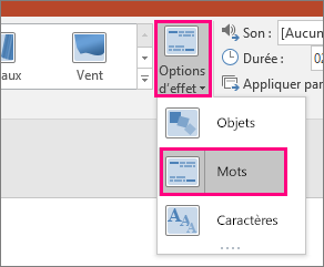 Affiche le menu Options d’effet pour la Transition Morphose avec l’option Mots sélectionnée.