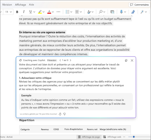 Affiche des suggestions de coaching dans Word.