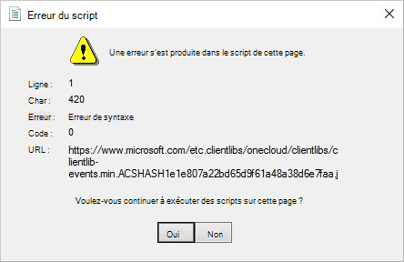 Capture d’écran du message d’erreur « Une erreur s’est produite dans le script sur cette page ».
