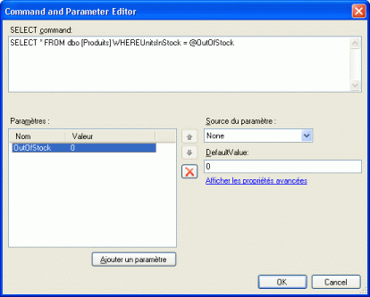 Éditeur de commande et de paramètre avec instruction de paramètre SQL