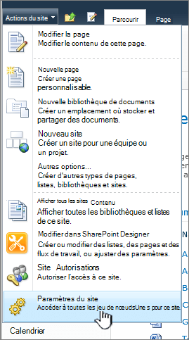 Paramètres du site dans le menu Actions du site