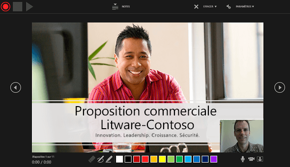 La fenêtre Enregistrement de la présentation de PowerPoint 2016, avec aperçu de la fenêtre de narration vidéo activé.