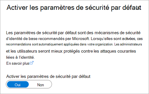 Boîte de dialogue Activer les paramètres de sécurité par défaut des propriétés Azure Active Directory.